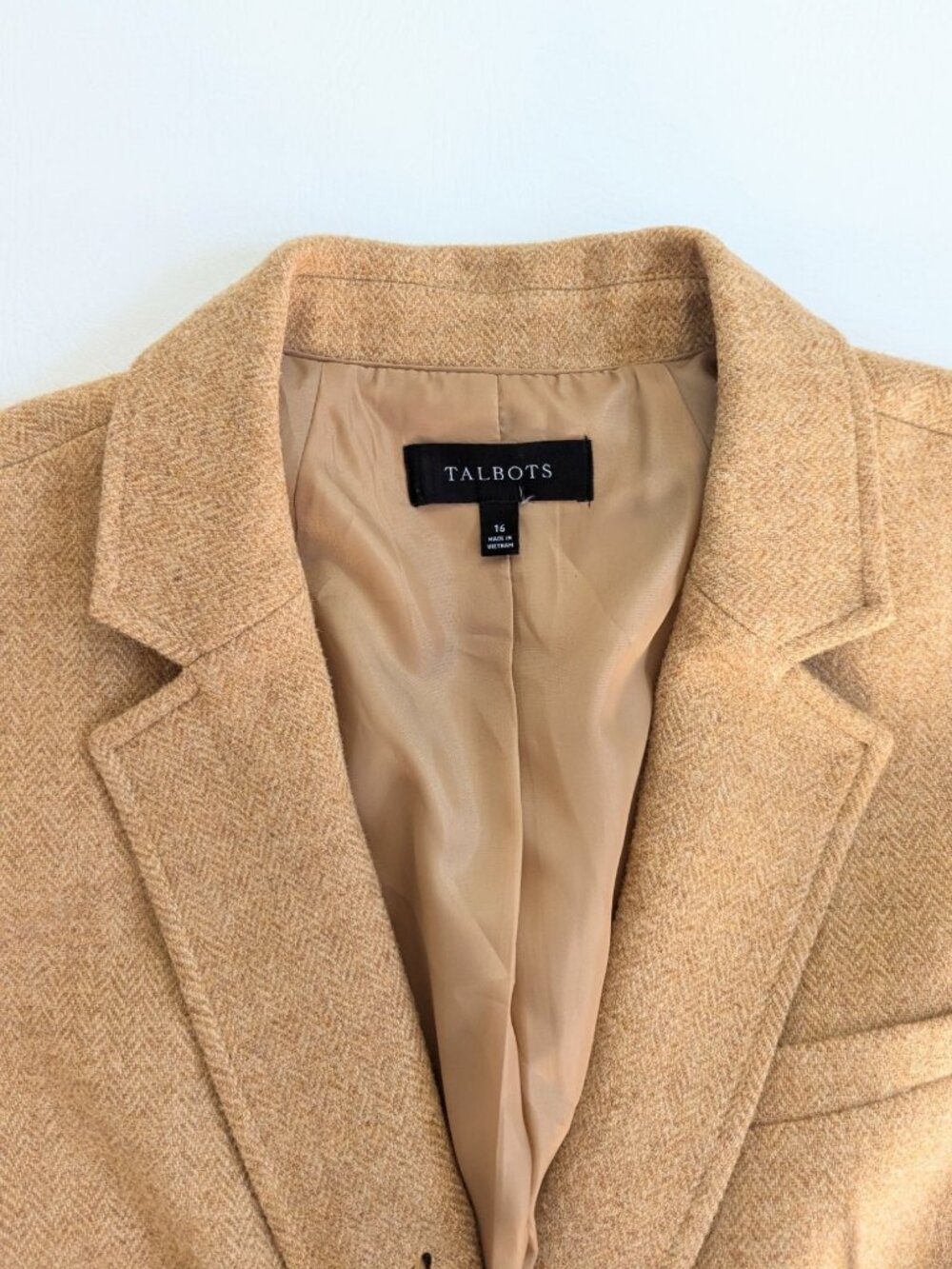 Talbots Classic Shetland Blazer Wool Blend Herringbone Size 16 Camel Tweed - Picture 4 of 15
